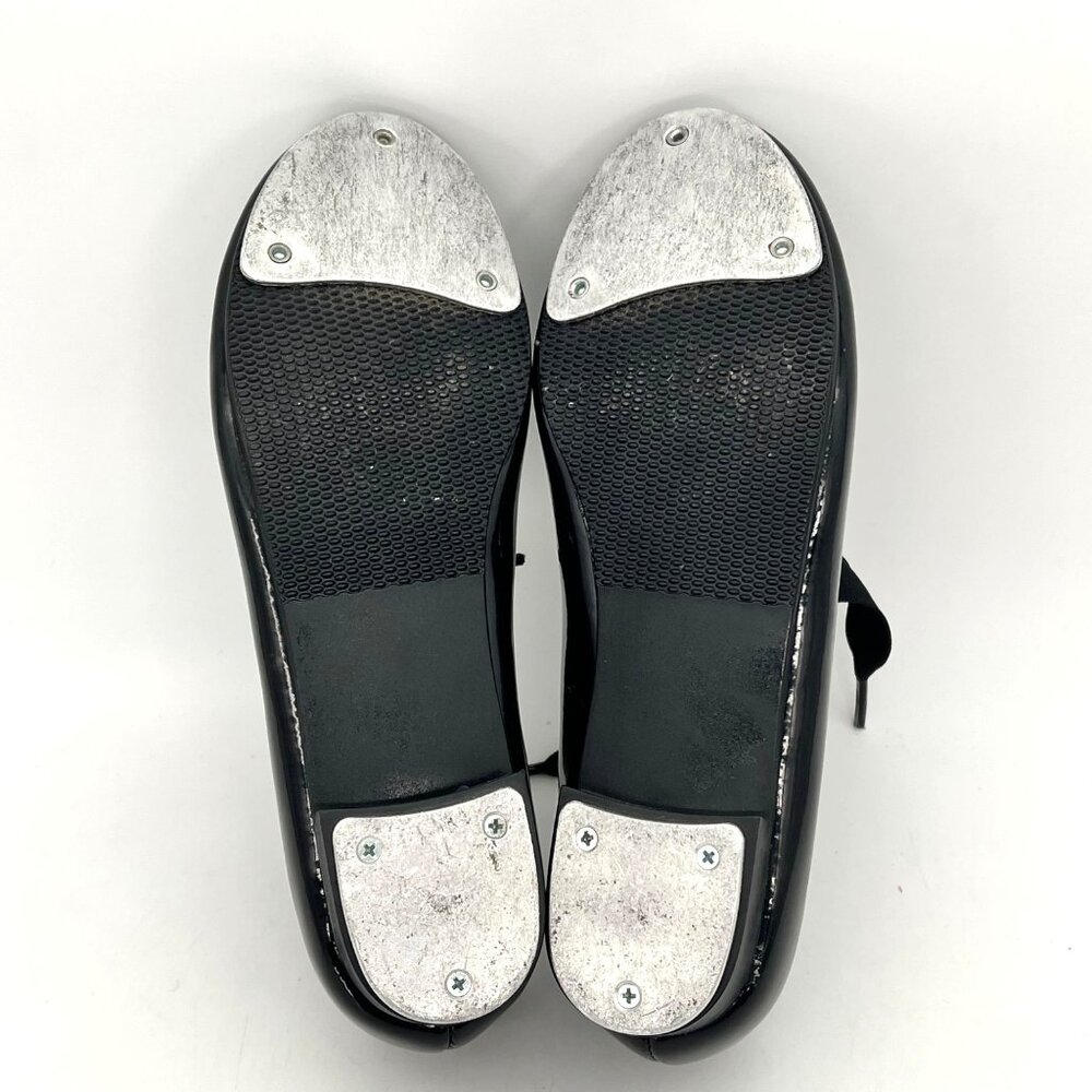 Dance Class Trimfoot Tap Shoes Girls Size 2 Black Patent Faux Leather Ribbon Tie - Picture 2 of 15
